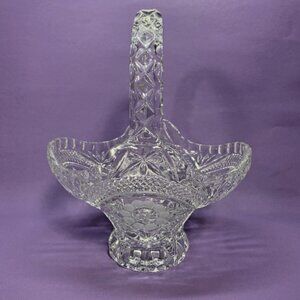 Vintage Floral Crystal Glass Basket With Handle Flower Design for Candies 10x8x6
